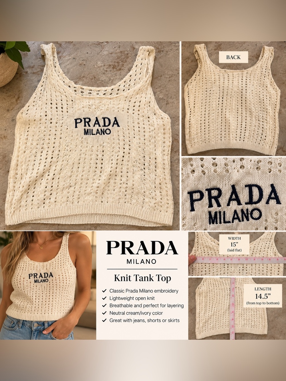 FASHION SHIRT Cream Open-Knit Milano Logo Tank